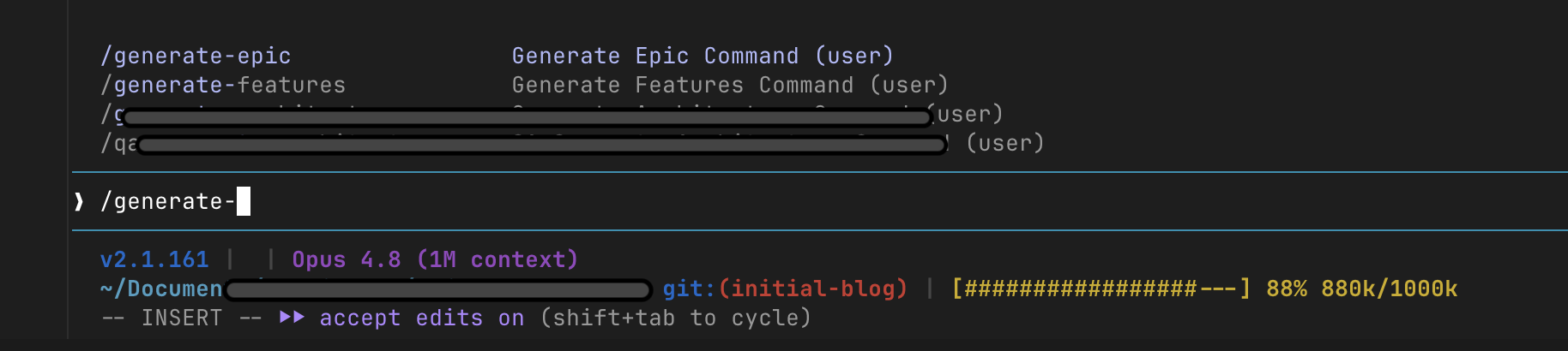 The Claude Code slash-command menu listing generate-epic, generate-features, and the rest of the toolkit