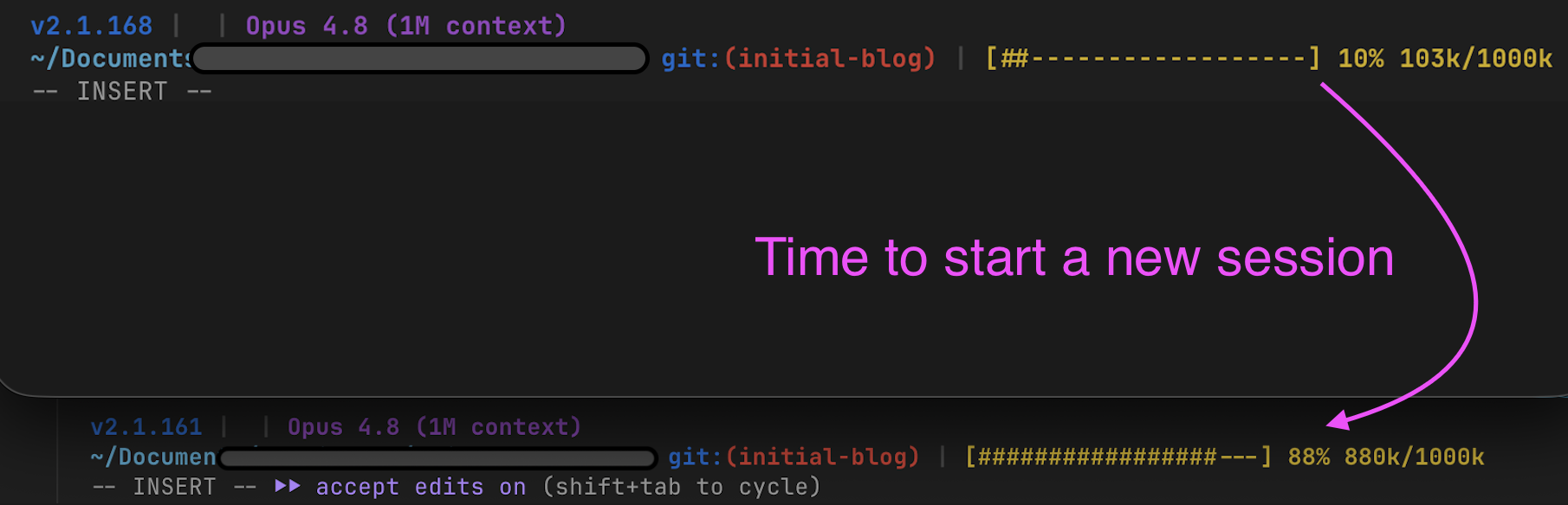 The Claude Code status line showing context usage climbing toward the wrap point