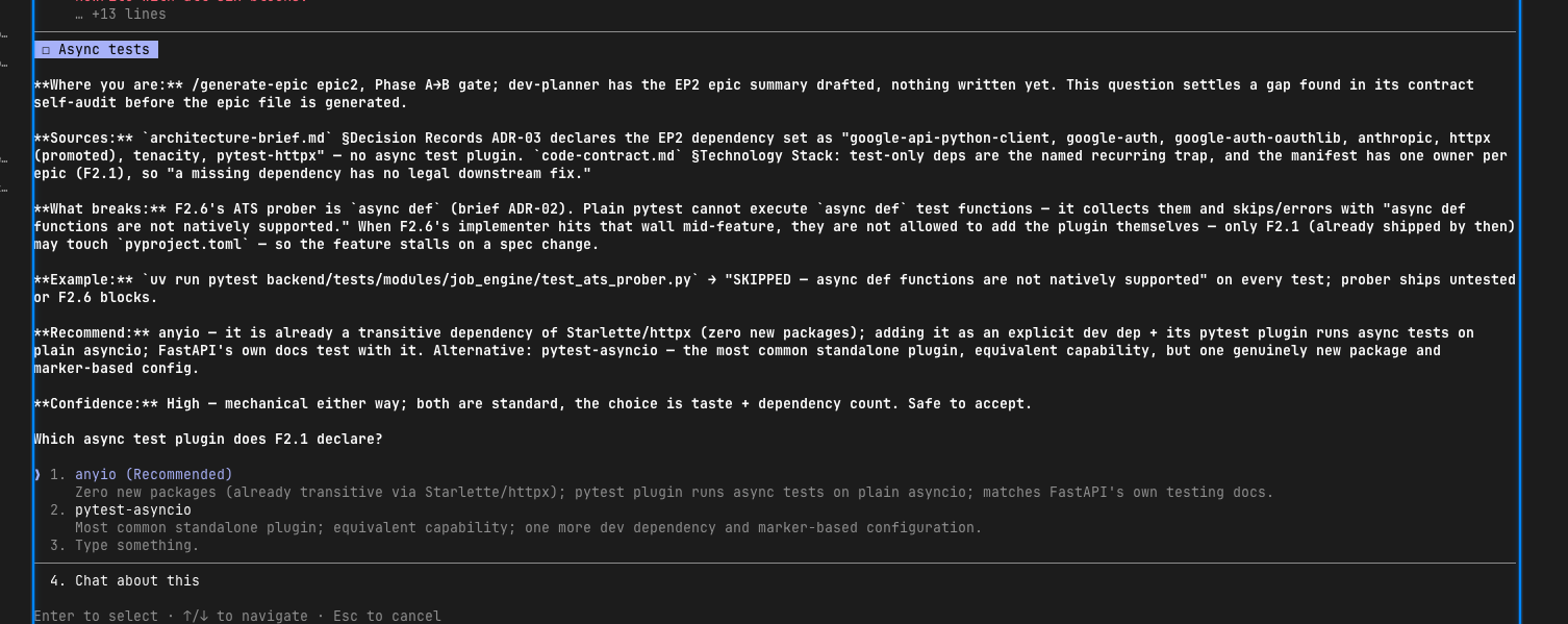 The same style of decision question rebuilt with all six blocks: where you are, sources with file and line, what breaks, example, recommend, confidence